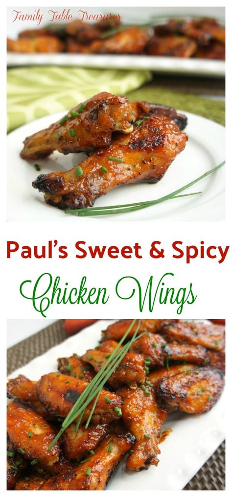 {Paul's} Sweet and Spicy Chicken Wings - Family Table Treasures Spicy Wings Recipe, Sweet And Spicy Chicken Wings, Chicken Wings Baked, Honey Sriracha Chicken Wings, Spicy Chicken Wings Recipe, Chicken Entree, Spicy Chicken Wings, Honey Barbecue Sauce, Vegetable Soups