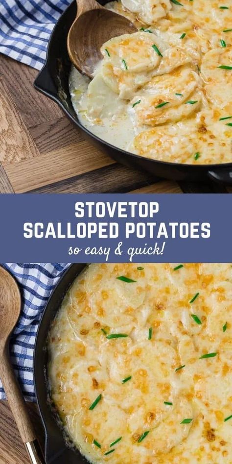 Scalloped Potatoes On Stove Top, Skillet Scalloped Potatoes Pioneer Woman, Skillet Cheesy Potatoes, Scalloped Potatoes Stove Top, Stove Top Scalloped Potatoes Easy, Stove Top Cheesy Potatoes, Stovetop Scalloped Potatoes, Stove Top Vegetable Side Dishes, Cast Iron Scalloped Potatoes