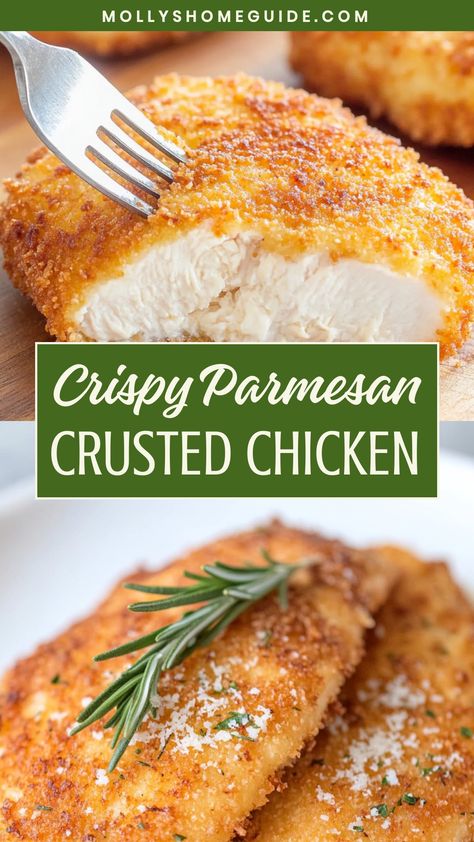 Discover the perfect weeknight meal idea with this delicious Parmesan-crusted chicken recipe. Crispy on the outside, juicy on the inside, this dish is a crowd-pleaser. The combination of savory Parmesan cheese and tender chicken will leave your taste buds craving more. With just a few simple ingredients and easy steps, you can have dinner on the table in no time. Pan Fried Parmesan Crusted Chicken, Breaded Chicken Breast Oven, Chicken Breast In Oven Recipes, Crispy Chicken Breast Recipes, Chicken Fillet Recipes Easy, Parmesan Crusted Chicken Oven, Parmesan Crusted Chicken Baked, Crusted Parmesan Chicken, Baked Chicken Parmesan Recipe