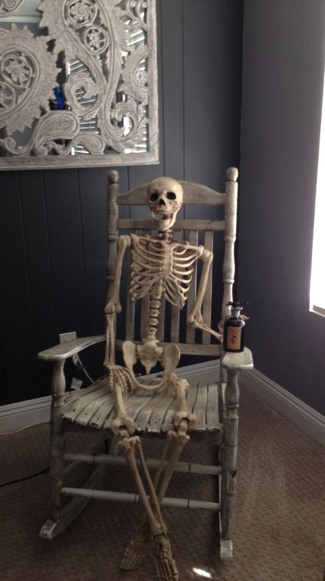 Found this guy at Rite Aid last year 2 days before halloween for $10. He looks spooktacular in my rocking chair! 💀 Skeleton In Rocking Chair, Skeleton Sitting In Chair, October Activities, Estilo Cholo, Rocking Chair, Black Bird, Skeleton, Halloween Decorations, Lion Sculpture