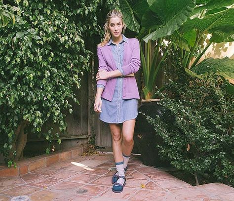 Would You Ever Wear Socks With Sandals?: We admit it: we've dipped our toe into the shallow end of the "normcore" pool for a while now. Outfits With Purple, Purple Cardigan Outfits, Socks With Sandals, Pastel Green Dress, Cardigan With Jeans, Khaki Blouse, Lilac Cardigan, Blue Striped Top, Winter Attire