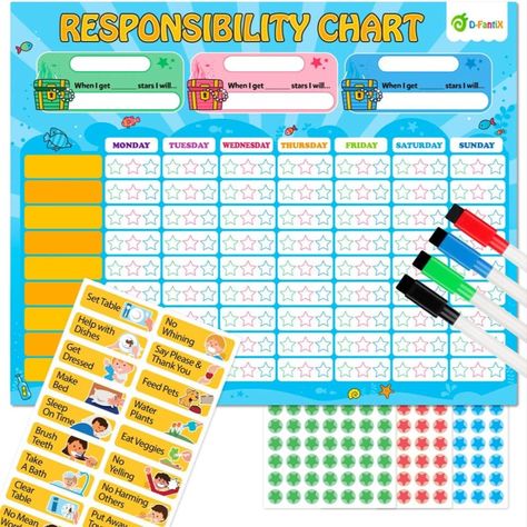 The Magnetic Responsibility and Chore Chart contains a colorful magnetic board with 20 magnets featuring behavior and 3 sheets of 30 stars magnets.

Illustrations help non-readers remember what responsibilities they have. Includes 20 printed and illustrated magnets for common tasks and chores Star Reward Chart, Home Behavior Charts, Toddler Chart, Free Printable Behavior Chart, Potty Training Reward Chart, Behavior Chart Toddler, Good Behavior Chart, Toddler Reward Chart, Daily Routine Chart