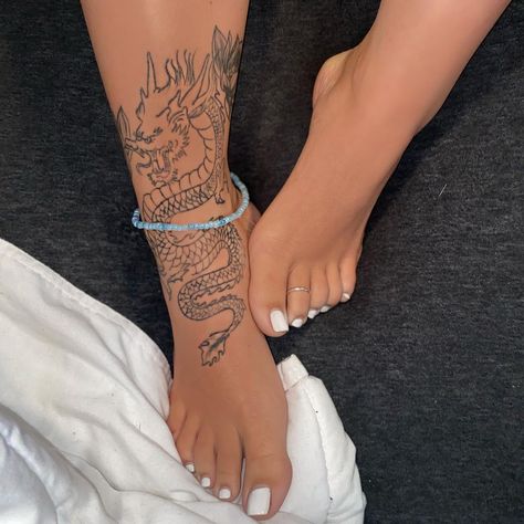 Dragon Tattoo Ankle Wrap, Dragon Ankle Tattoo, Dragon Tattoo Ankle, Back Of Leg Tattoo Women, Foot Tattoo For Women, Foot Tattoo Ideas, Back Of Leg Tattoos, Lady Tattoo, Chinese Dragon Tattoos