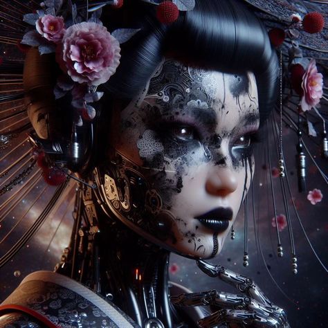 Cyborg geisha #cyberpunk #cyberpunkart #scifi #aiart #aiartcommunity #aiartwork #generativeart #digitalart #cool Robot Geisha, Fantasy Photography, January 4, Generative Art, Full Sleeve, Cyberpunk, Sci Fi, Digital Art, Photography