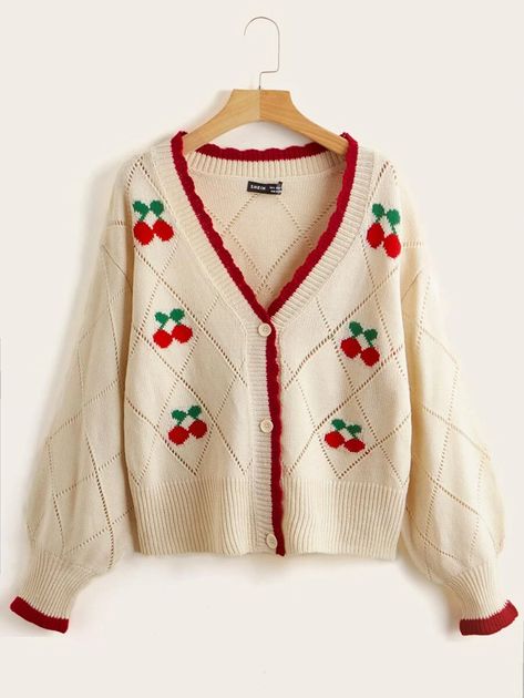 Cherry Pattern Contrast Trim Pointelle Knit Cardigan | SHEIN USA Plus Size Knitwear, Shoulder Cardigan, Cherry Pattern, Drop Shoulder Cardigan, Sweet Clothes, Knitting Women Cardigan, Plus Size Cardigans, Pointelle Knit, Patterned Cardigans