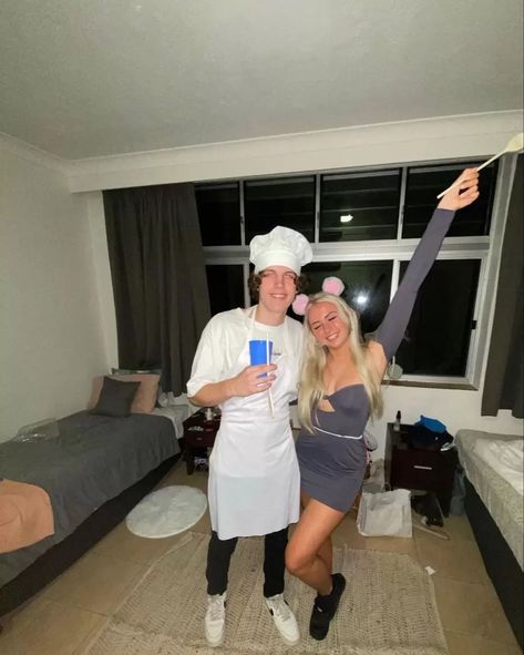 Rat And Chef Couple Costume, Family Friendly Couples Costumes, Dynamic Duo Costumes Couples Disney, Ratatoullie Couple Costume, Last Minute Costume Ideas For Couples, Remy And Linguini Costume Couple, Couple Hollowed Costumes, Lightning Mcqueen And Mater Costume, Ratatouille Couple Costume