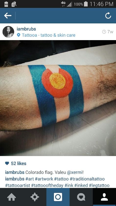 Colorado flag tattoo Colorado Flag Tattoo, Clock Face Tattoo, Colorado Tattoos, Floral Hip Tattoo, Colorado Tattoo, Tattoo Ideas Males, Cobra Tattoo, Crescent Moon Design, Mountain Men