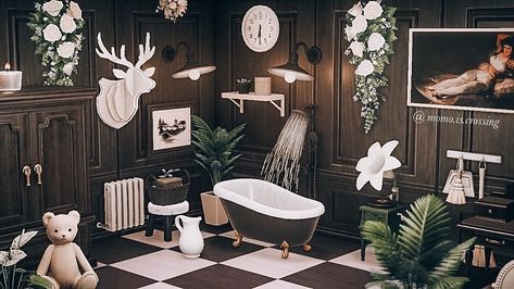 momo ♡ on Instagram: “𝘣𝘭𝘢𝘤𝘬 𝘢𝘯𝘥 𝘸𝘩𝘪𝘵𝘦 . . Haven’t done an interior shot in a minute! Using @miss_acnh “vintage garden” preset with slight adjustments 🏷 #acnh…” Black Room Ideas, Goth Interior, Goth Cottage, White Goth, Animal Crossing Guide, Happy Home Designer, Path Design, Island Theme, Black And White Interior