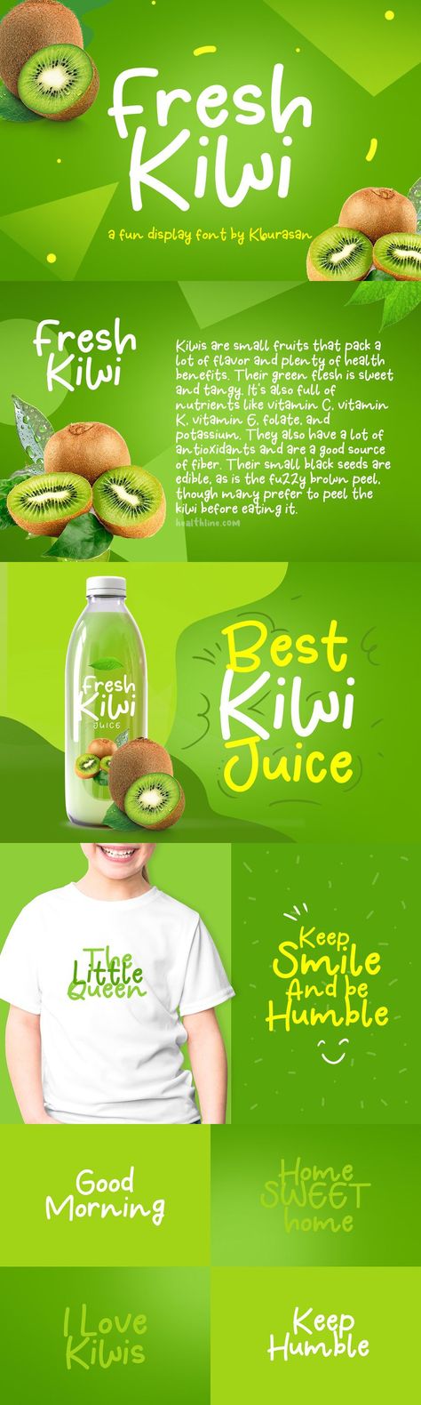 Introducing,  Fresh Kiwi  font a fun display typeface with cheerful theme for your fun project. Fresh Kiwi font support multilanguage. Fresh Kiwi font suitable for logo, branding, greeting card, poster and any design that you create. Files included: - Fresh Kiwi.ttf - Fresh Kiwi.otf Thank you for checking and i hope you enjoy it. Always put your heart into it and don't worry to try. I hope you have as much fun using it as i did making it - Thank... Kiwi Benefits, Kiwi Juice, Display Typeface, Professional Fonts, Birthday Book, Premium Product, Font A, Home Good, Font Design