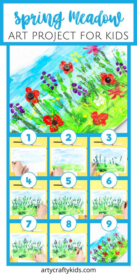 Looking for easy spring art for kids to make at school or at home? These easy spring art projects for kids, featuring a meadow full of flowers painting, are simple and fun! Get step by step instructions for paintings, plus other flower art and easy crafts for kids to make here! | Easy Spring Crafts for Kids | Spring Art Ideas for Kids | Easy Spring Craft Ideas for Kids | Spring Kids Art Projects | Spring Arts and Crafts for Kids #SpringCrafts #SpringArt #ArtsAndCrafts #ArtProjects #FlowerArt Spring Art Grade Two, Spring Art Primary School, Spring Art Classroom, Grade 2 Spring Art, Spring Art For 2nd Grade, Spring Art Middle School, Spring Art For Elementary Students, Spring Guided Drawing, Easy Spring Paintings For Kids