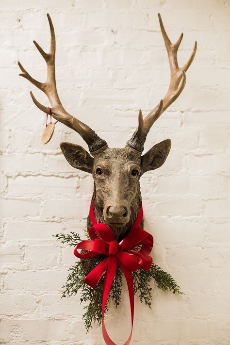 How To Decorate Deer Mounts For Christmas, Decorate Deer Mount For Christmas, Deer Centerpiece Ideas Christmas, Deer Head Christmas Decor, Deer Head Decor Christmas, Dear Head Decor, Faux Deer Head Decor, December Traditions, Masculine Christmas