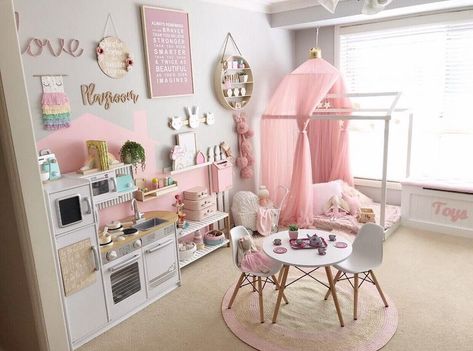 pink and grey girl's room with kitchen play area and bed canopy Toddler Bedroom Girl, Girls Playroom, Toddler Girl Room, The Hound, Toddler Rooms, Toddler Bedrooms, Girl Bedroom Decor, Big Girl Rooms, Baby Bedroom