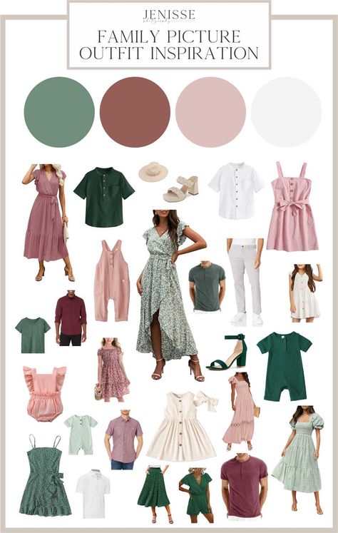 Summer 2023 Family Photo Outfits, Kelly Green Family Pictures Outfits, Spring Color Family Photos, Spring Family Photos What To Wear, Green Dress For Family Pictures, Pink Outfit Family Photos, Mauve Photo Outfits, Pink And Green Photoshoot Family, Green Family Photo Outfits Color Combos