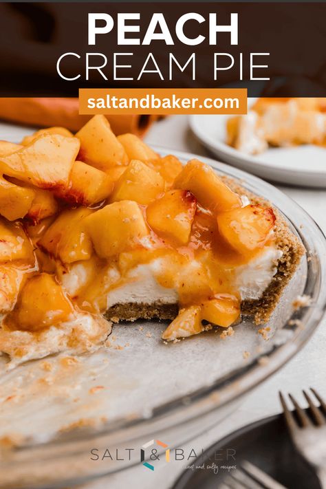 A graham cracker crust with just a touch of cinnamon is topped with a sweet whipped cream cheese filling and then diced ripe peaches for a juicy and refreshing pie. Whipped Cream Cheese Filling, Peach Cream Pie, Pie With Graham Cracker Crust, Peaches Cream Cheese, Cream Pie Filling, Peach Sauce, Peach Pie Recipes, Sweet Whipped Cream, Cream Cheese Pie