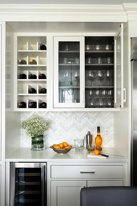 White Wine Glass Cabinet with Dark Brown Wood Interior Trim - Transitional - Dining Room Bar Nook, Kitchen Bar Design, Bar In Casa, Built In Bar, Glass Front Cabinets, Home Bar Designs, Butlers Pantry, Dry Bar, Bar Designs