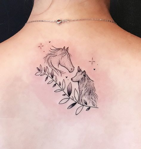 Paw And Hoof Tattoo, Dog And Horse Tattoo Ideas, Horse Wolf Tattoo, Horse Tattoo Ideas For Women Arm, Horse Dog Tattoo, Horse And Dog Tattoo, Equestrian Tattoo Ideas, Tiny Horse Tattoo, Minimalist Horse Tattoo