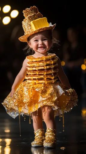 ↑↑↑ Larger size on website 🔸 A young girl is dressed in a sparkling gold dress and a hat adorned with a large yellow square. Her Stack Of Pancakes, Girls Unique, Unique Costumes, Gold Dress, A Girl, Pancakes, Sparkle, Square, Yellow