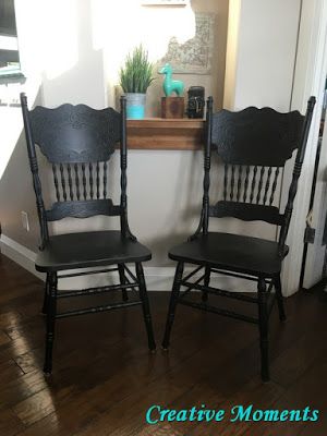 Another set of Coal Black Press Back Chairs Oak Pressed Back Chairs Makeover, Pressed Back Chairs Makeover, Press Back Chair Makeover, Painted Pressed Back Chairs, Farmhouse Chairs Diy, Black Chalk Painted Furniture, Press Back Chairs, White Table Black Chairs, Pressed Back Chairs