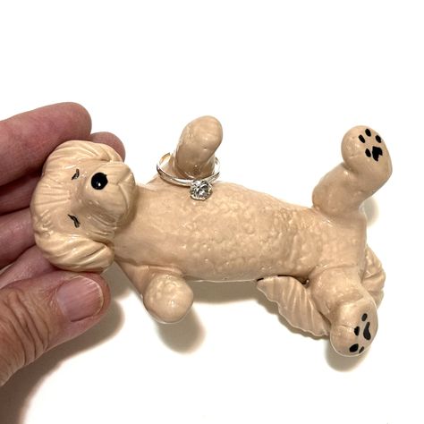 Goldendoodle Gift, Dog Ring Holder, Doodle Figurine, Handmade Ceramics Tan Goldendoodle, Dog Ring Holder, Small Business Gift Ideas, Dog Ring, Glaze Paint, Angel Cat, Sea Coral, Paw Pads, Earthenware Clay