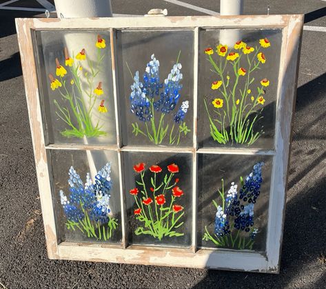 Painting Flowers On Glass Windows, Painted Window Panes Diy, Painted Window Panes, Artist Booth, Vintage Window Decor, Iod Projects, Old Window Art, Hand Painted Windows, Window Frame Art