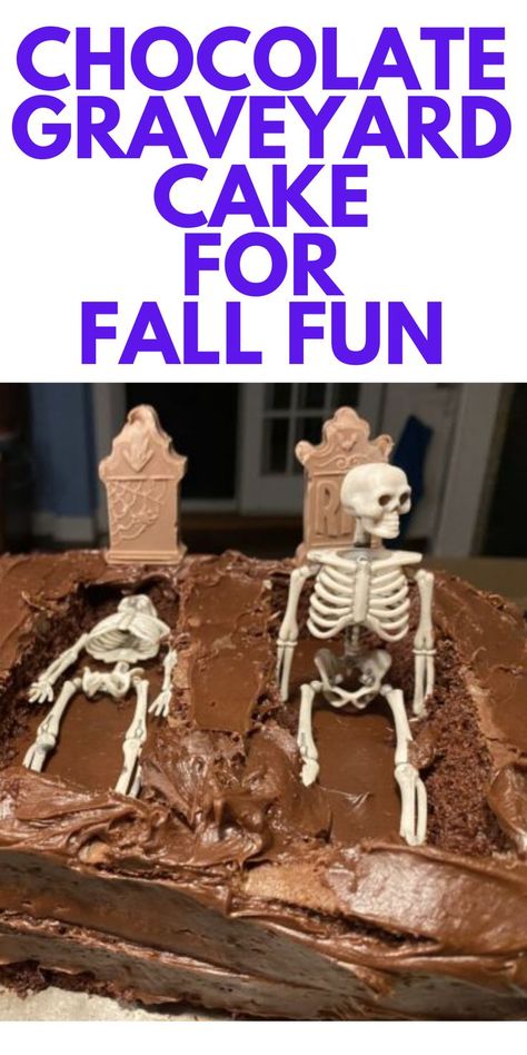 Graveyard Chocolate Cake Dessert for Halloween: Here is a fun and delicious Halloween treat. Graveyard Dessert, Skeleton Cake, Graveyard Cake, Delicious Halloween Treats, Cake For Kids, Easy Cake Recipe, Chocolate Desserts Cake, Halloween Birthday Cakes, Birthday Halloween Party