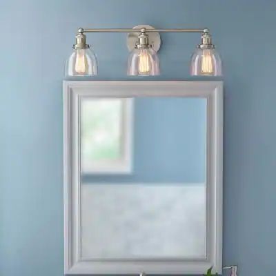 Evelyn 3-Light 26.75 in. Brushed Nickel Modern Industrial Bathroom Vanity Light Modern Industrial Bathroom, Industrial Bathroom Vanity Lights, Industrial Vanity, Bronze Vanity Lighting, Modern Bathroom Vanity Lighting, Industrial Bathroom Vanity, Modern Vanity Lighting, Vanity Light Bar, Brushed Nickel Bathroom