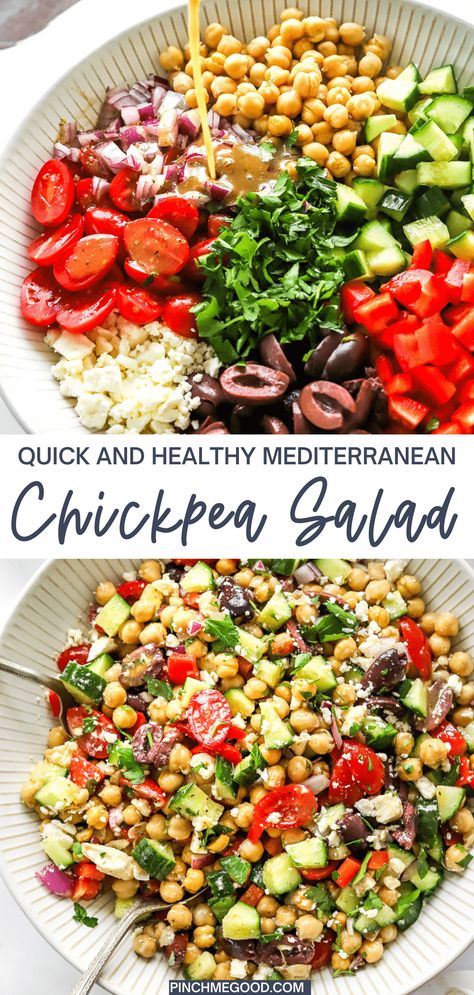 Mediterranean Chickpea, Mediterranean Chickpea Salad, Easy Mediterranean Diet Recipes, Salad Easy, Warm Salad, One Pot Dinners, Pinch Me, Summer Salad Recipes, Chickpea Salad