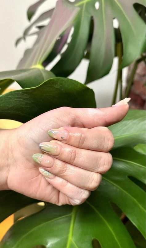 green aura affect nails with chrome details and pearls Green Transparent Nails, Square Nails Green, Pale Green Nails, Green Aura Nails, Aura Nail, Nails With Chrome, Green Aura, Franklin Bbq, Les Nails