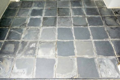 How to Paint Exterior Slate Tile - Painting Slate Tile Floors, Painting Over Tiles, Slate Walkway, Grey Slate Tile, Outdoor Tile Patio, Black Slate Tiles, Slate Patio, Slate Tile Floor, Porch Tile