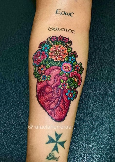 Mexican Patch Tattoo, Colored Heart Tattoo Designs, Sleeve Tattoos For Women Mexican, Frida Heart Tattoo, Mexican Patchwork Tattoo, Mexican Roots Tattoo, Mexican Family Tattoo Ideas, Latinx Inspired Tattoos, Mexican Aesthetic Tattoo