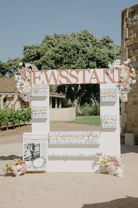 Wedding newspaper stand at Sunstone Winery Modern Pastel Wedding, Sunstone Winery, Newspaper Wedding, Wedding Stand, Newspaper Stand, Wedding Newspaper, Wedding Lounge, Santa Ynez, Wine Country Wedding