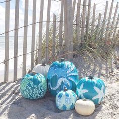 Ocean Pumpkin Carving, Ocean Pumpkin, Coastal Pumpkins, Coastal Halloween, Cute Painted Pumpkin Ideas, Coastal Fall, Teal Pumpkin, Hand Painted Pumpkin, Fall Decor Inspiration