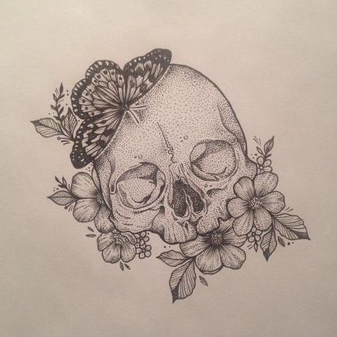 Butterfly On Skull Tattoo, Tattoos With Skulls And Flowers, Skull Drawings With Flowers, Soft Skull Tattoo, Skull Butterfly Flower Tattoo, Skull With Butterflies Tattoo, Flowers Growing Out Of Skull Tattoo, Womens Skull Tattoo, Skull And Flower Tattoo Drawing