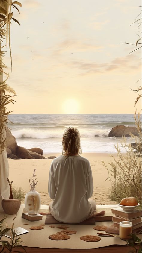 Woman meditating on a beach. Beige tones. Neutral tones. Yoga Neutral Aesthetic, Peaceful Woman Aesthetic, Women Meditating, Sunrise Meditation, Beach Meditation, Woman Meditating, Christian Yoga, Photo Yoga, Divine Feminine Art