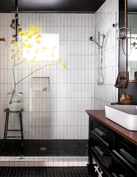 Black Painted Walls, Sean Anderson, Subway Tile Showers, Subway Tiles Bathroom, Bathroom Tile Designs, White Shower, Basement Bathroom, Bathroom Trends, Upstairs Bathrooms