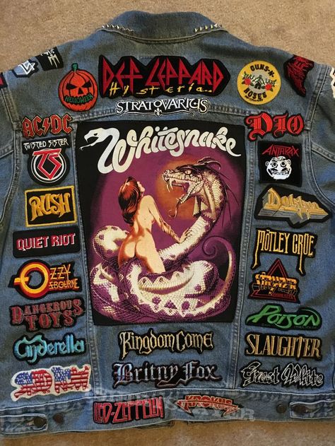 80's Hair Band & Current Power Metal Tribute Battle Jacket 80's Hair, Battle Jackets, 80s Hair Metal, Battle Vest, Cultura Punk, Metal Outfit, Metal Baby, Jeans Patch, Hair Metal Bands