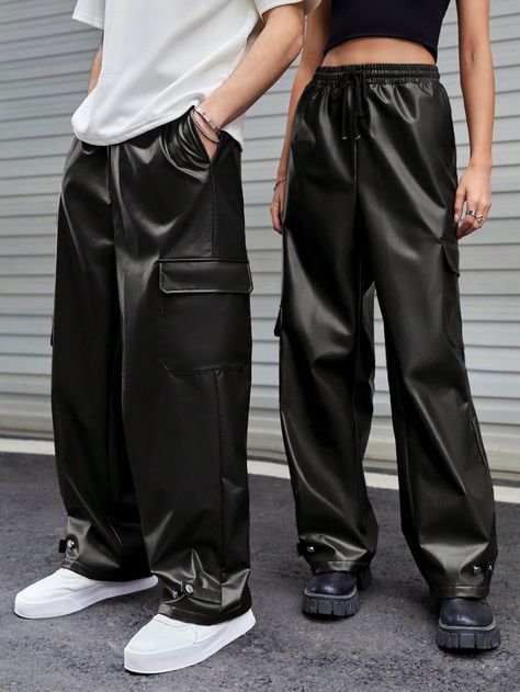 Black Street Collar  PU Leather Plain Cargo Pants Embellished Slight Stretch  Men Clothing Leather Pants Outfit Men, Leather Cargo Pants Outfit, Black Cargo Pants Outfit Men, Layered Jackets, Leather Pants Men, Leather Leggings Outfits, Black Cargo Pants Outfit, Cargo Pants Outfit Men, Leather Cargo Pants