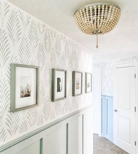 Mudroom Wallpaper, Half Wallpaper, Half Wall Ideas, How To Wallpaper, Hallway Ceiling Lights, Thrifted Decor, Hallway Light Fixtures, Elegant Entryway, Board And Batten Wall