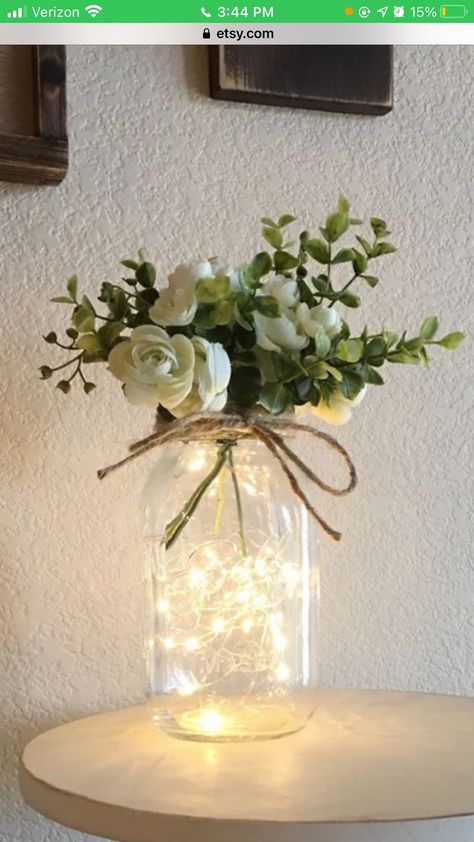 Lights In Glass Vase, Vase With Fairy Lights, Jar Centerpiece Wedding, 50th Wedding Anniversary Decorations, Easter Planter Ideas, Easter Centerpiece Ideas, Flower Fairy Lights, Fairy Lights Wedding, Small Flower Arrangements