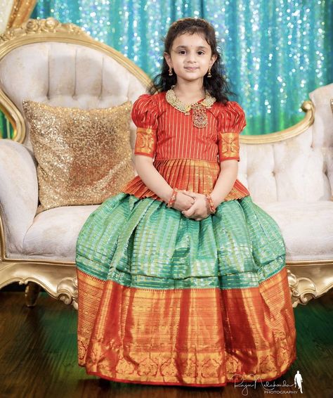 Kids Pattu Langa Blouse Designs, Pattu Lehanga Designs, Langa Blouse Designs, Long Frocks For Kids, Pattu Lehenga, Pattu Pavada, Baby Lehenga, Langa Blouse, Pavadai Sattai