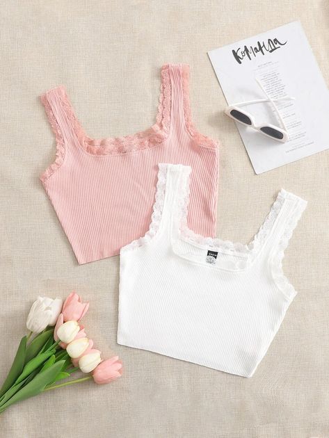 SHEIN 2pcs Lace Trim Crop Cami Top | SHEIN USA Crop Top Aesthetic, Tops Shein, Simple Style Outfits, Trench Coat Outfit, Crop Cami Top, Crop Top And Leggings, Women Tank Tops, Cute Crop Tops, Cropped Cami