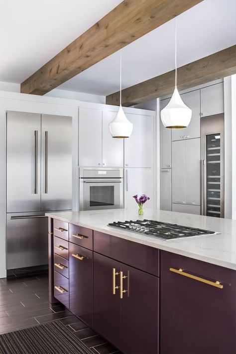 a stylish contemporary kitchen in white accented with a bold purple kitchen island and touches of gold is wow Thermador Kitchen, Purple Kitchen Decor, Convection Wall Oven, Thermador Appliances, Purple Kitchen, Electric Wall Oven, Luxury Appliances, Single Wall Oven, Kitchen Solutions