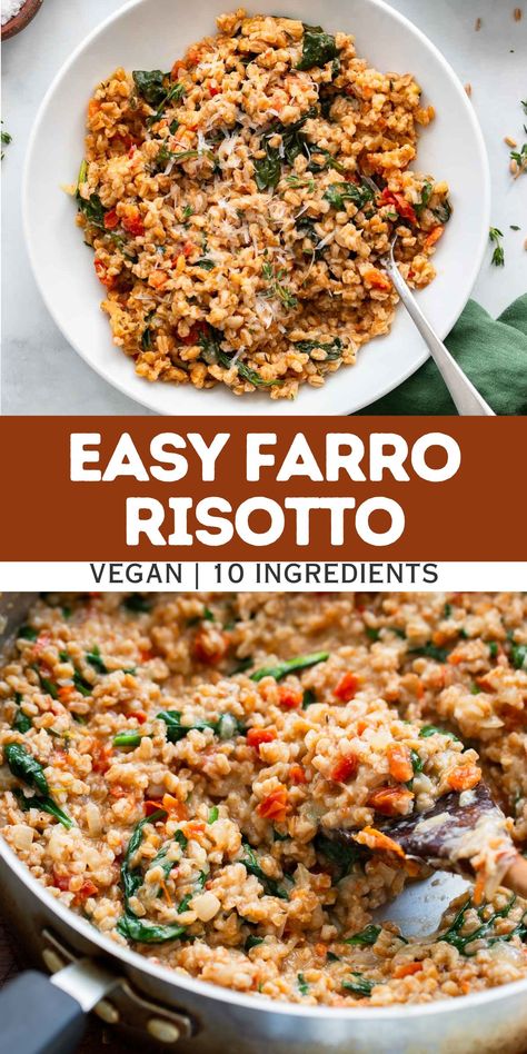 Risotto has a reputation for being dish that needs a lot of babysitting while cooking; you don’t have to stand at the stove for an hour to make this easy farro risotto! This delicious farro skillet is a vegan comfort food dish made with a few simple ingredients but packed with flavor. Easy Farro Recipes Healthy, Pearled Farro Recipes, Vegan Farro Risotto, Cooking With Farro, Farro Recipes Side, Creamy Farro, Salmon And Farro Recipes, Farro Vegan Recipes, Farro Risotto