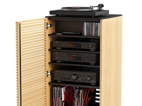 Corridor 8172 Audio Tower & Stereo Cabinet | BDI Furniture Vinyl Record Organization, Audio Cabinet, Louvered Doors, Theater Furniture, Media Shelf, Home Theater Furniture, Multi Room Audio, Stereo Cabinet, Audio Rack