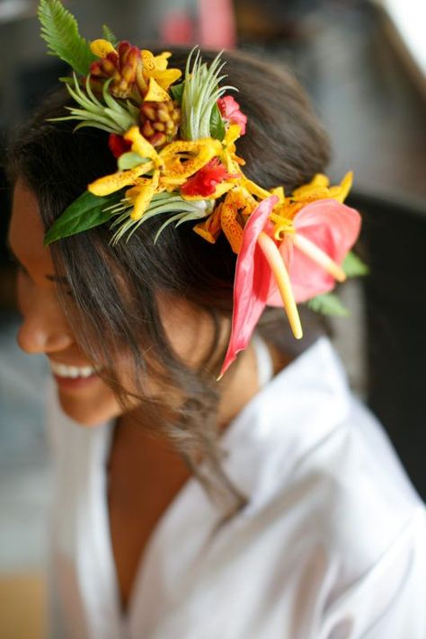 Bright Tropical Wedding, Flower Crown Updo, Tropical Flower Crown, Tropical Bride, Beachy Wedding Dress, Bride Hair Flowers, Obx Wedding, Flower Crown Bride, Beach Wedding Bridesmaids