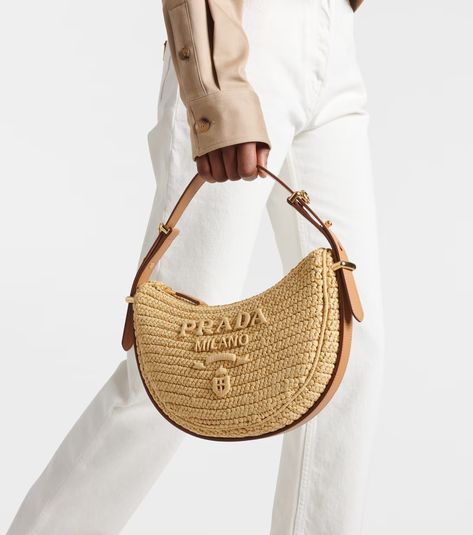 Prada Arqué raffia-effect shoulder bag in beige - Prada | Mytheresa Prada Summer Bag, Leather Crochet, Luxury Stuff, Macrame Bags, Spring Sunglasses, Casual Glam, Crochet Handbag, Hot Bags, Spring Bags