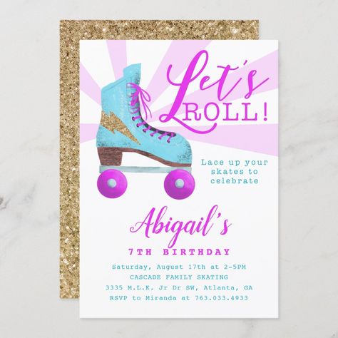 Vintage Gold Roller Skating Birthday Party Invitation | #rollerskatingbirthdayparty #skate #goldglitter #pinkandblue #vintage #fun #disco #let'sroll #girls #kidsbirthday Roller Skating Birthday Party Invitations, Roller Skating Birthday Party, Skating Birthday Party, Skate Party, Fun Birthday Party, Birthday Party Invitation Templates, Vintage Invitations, Gold Invitations, Kids Birthday Cards