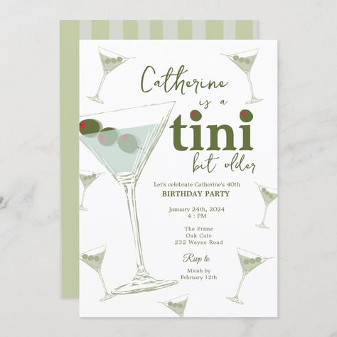 A Tini Bit Older Martini-Themed Birthday Invitation, Olive Martini Doodles 30th Birthday Party Themes, Olive Martini, Martini Party, 25th Bday, 30th Birthday Themes, 40th Birthday Party Invites, Birthday Ideas For Her, Bday Invitations, 40th Birthday Party