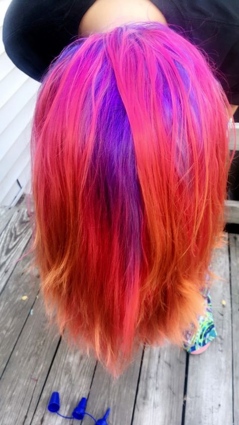 Pink Orange And Purple Hair, Pink Orange Hair, Red Purple Hair, Pink And Orange Hair, Magenta Hair, Funky Hair, Rainbow Hair Color, Fun Hair, Funky Hairstyles