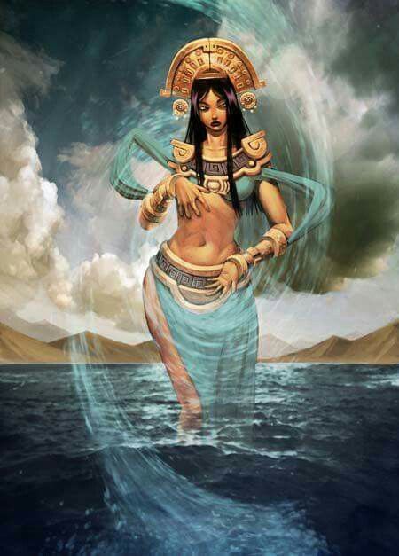 Ixchel, Mayan goddess of the Moon, fertility, medicine, weaving, rainbows, songs and childbirth. Ixchel also watches over bodies of water, such as lakes, lagoons, natural wells (cenotes), underground rivers and the ocean, thus receiving such names as "Lady of the Sea". ~MoonRaven~ Ancient Gods, Beautiful Wings, Water Witch, Goddess Of The Sea, Historia Universal, Aztec Art, Belek, Sacred Feminine, Drawing Pad